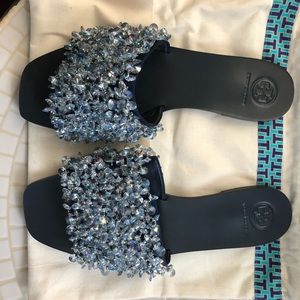 Tory Burch Women’s Navy Blue Crystal Embellished Logan Slides